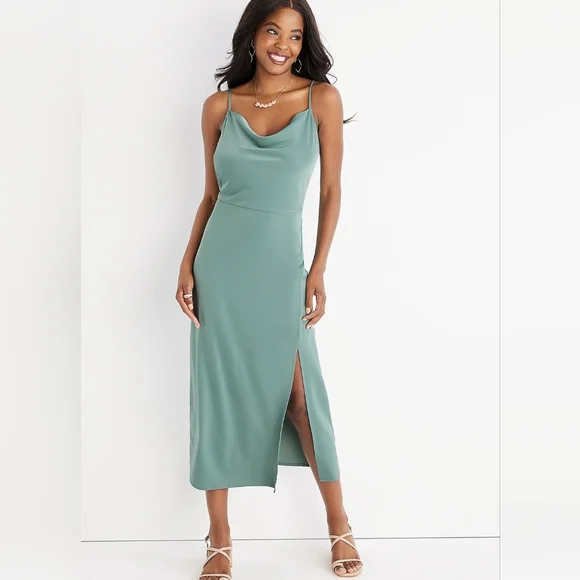 Maurices Solid Cowl Neck Satin Midi Dress Size M Medium Sage Fog